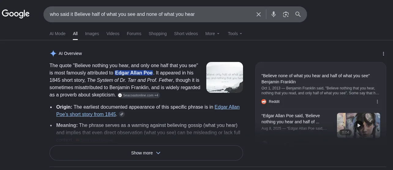 Google AI overview confidently attributing the quote to Edgar Allan Poe